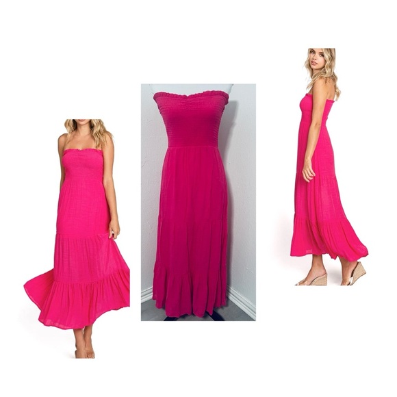 Love Tree Womens Large Smocked Tube Midi A-Line Dress Fuchsia Vacation Casual - Picture 1 of 8